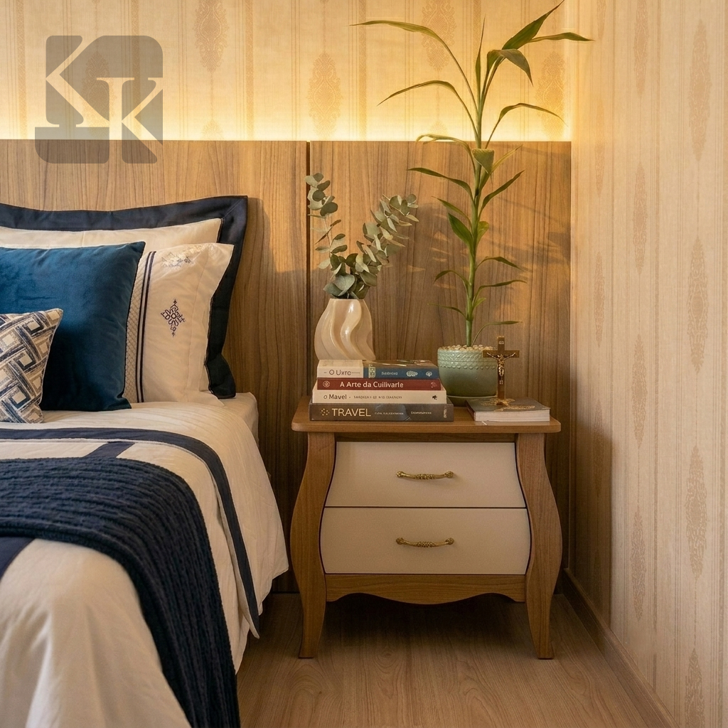 Quarto com criado-mudo, plantas e livros, projeto de interiores por Karla Kétbe Arquitetura