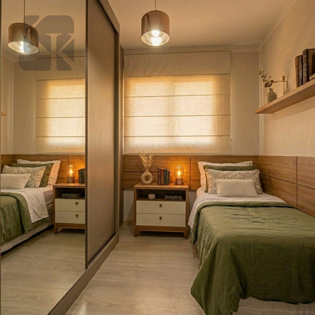 Quarto compartilhado com duas camas de solteiro, projeto de Karla Kétbe Arquitetura