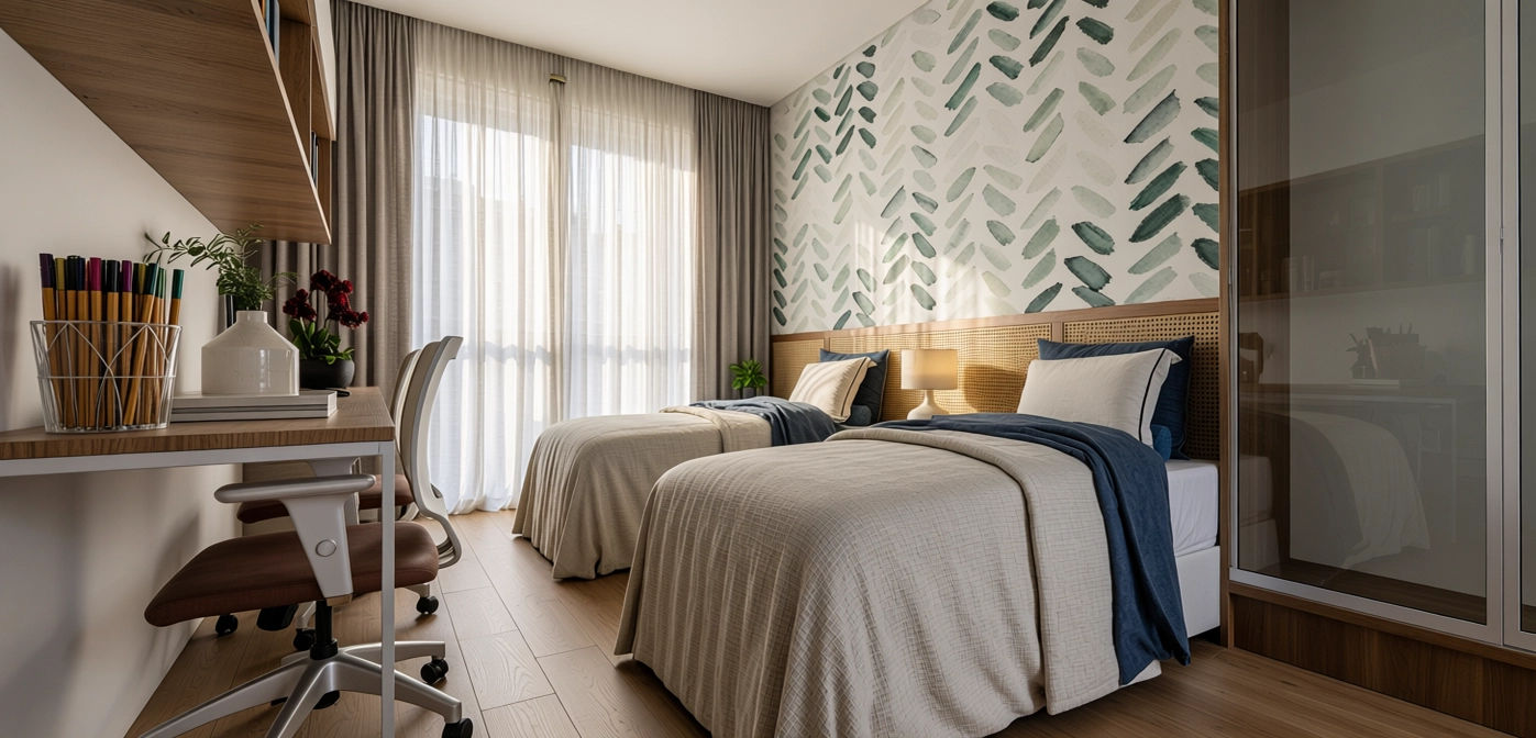 Quarto compartilhado com escrivaninha, projeto de interiores por Karla Kétbe Arquitetura