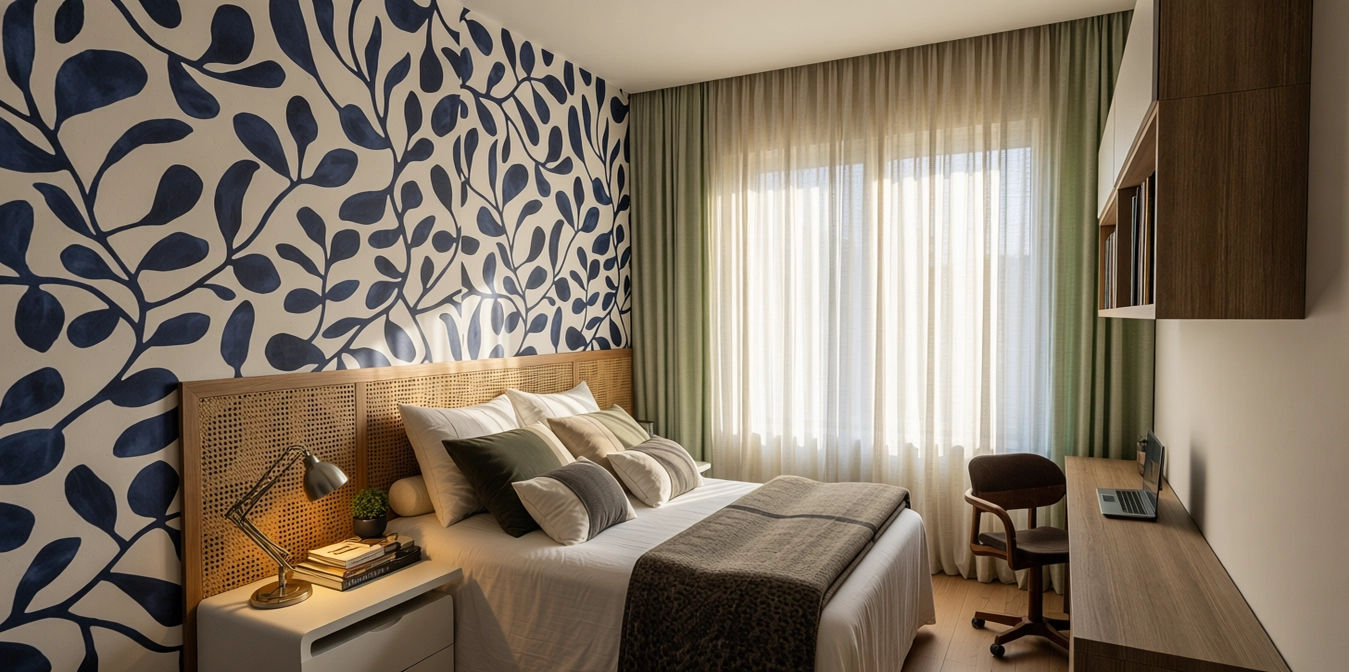 Quarto de casal com parede floral e cabeceira estofada, projeto de Karla Kétbe Arquitetura