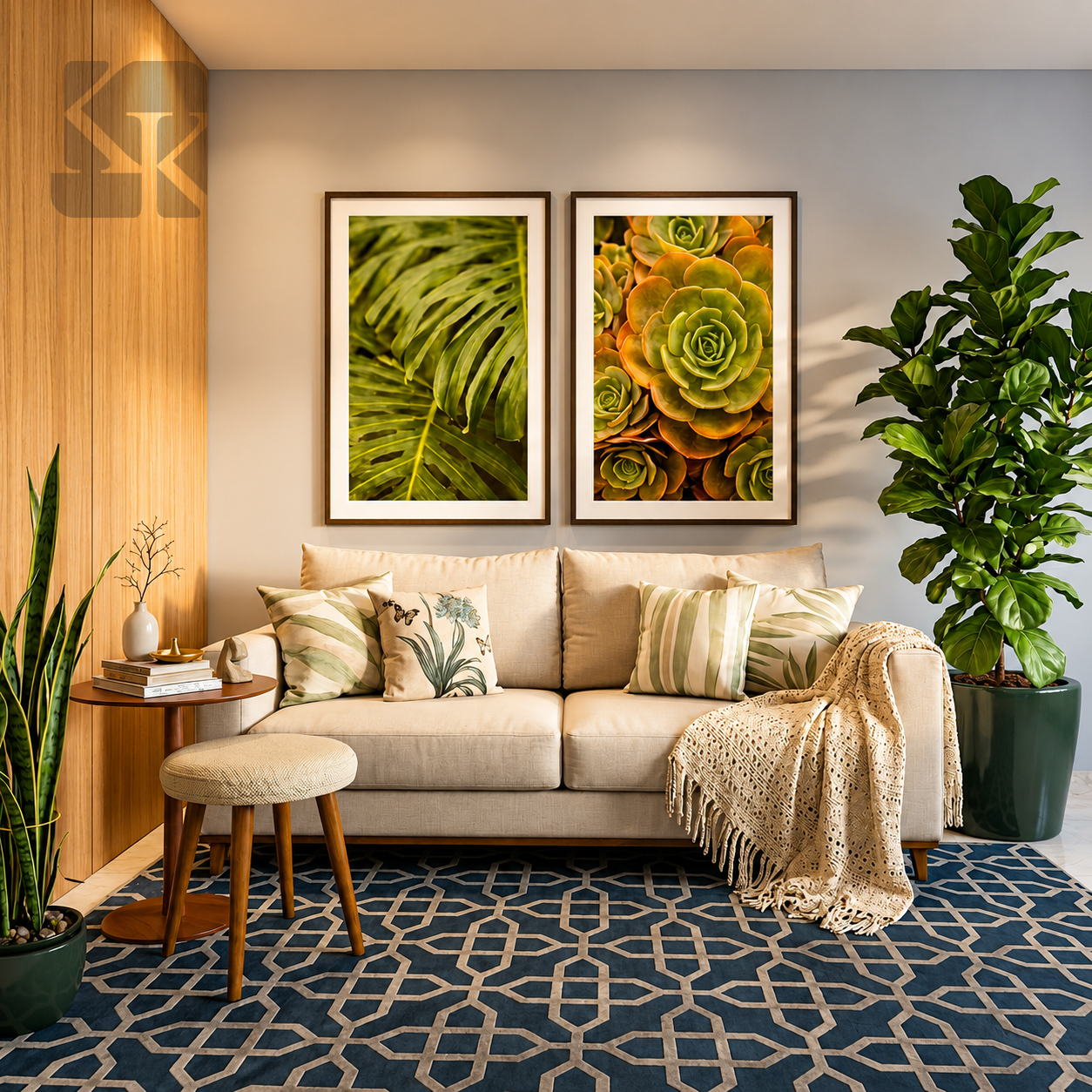 Sala de estar com quadros e tapete geométrico, projeto de interiores por Karla Kétbe Arquitetura