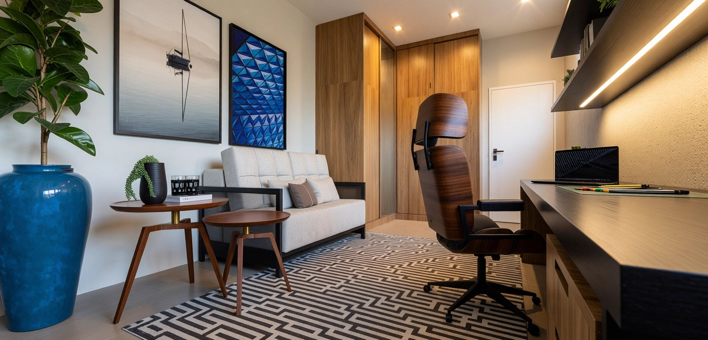 Home office com poltrona de couro e tapete geométrico, projeto de interiores por Karla Kétbe Arquitetura