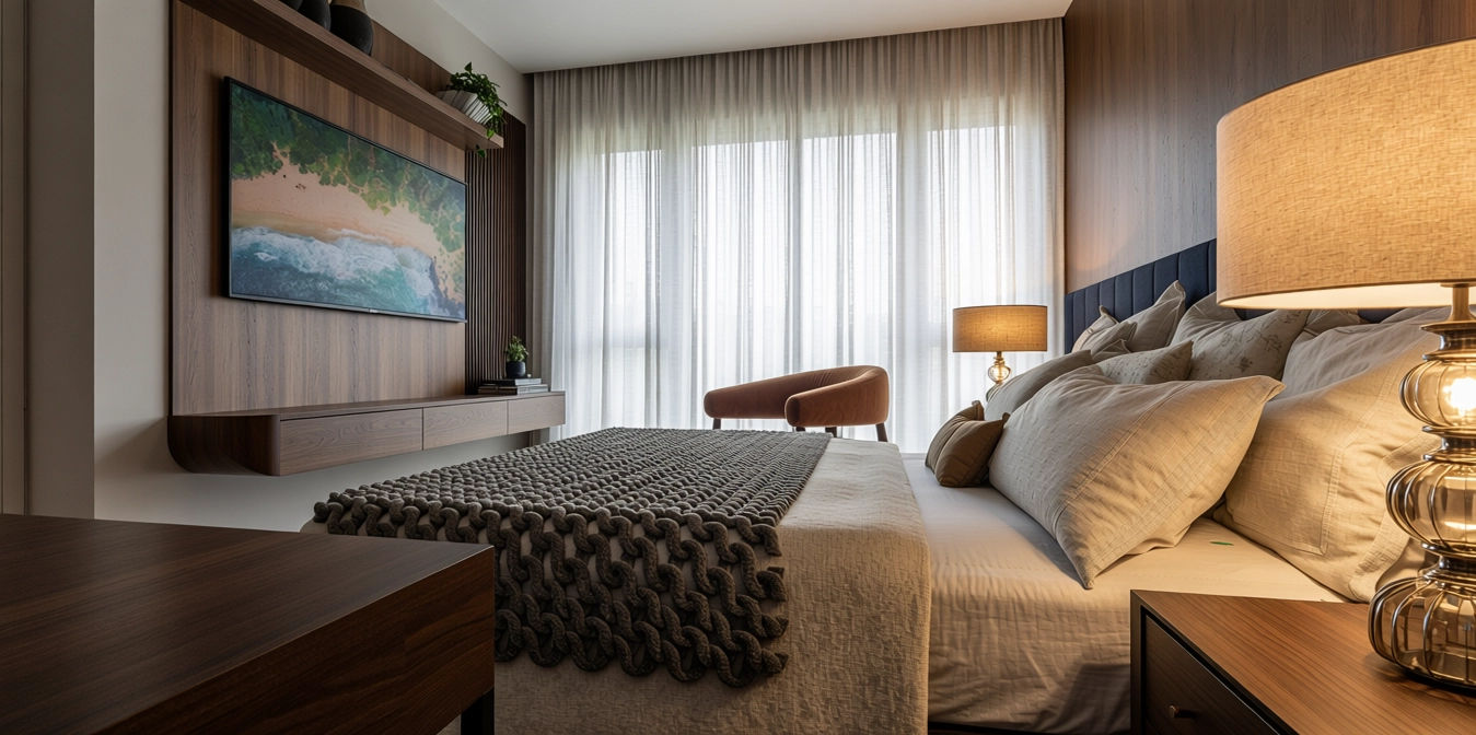 Quarto de casal com painel de TV e iluminação aconchegante, projeto de Karla Kétbe Arquitetura