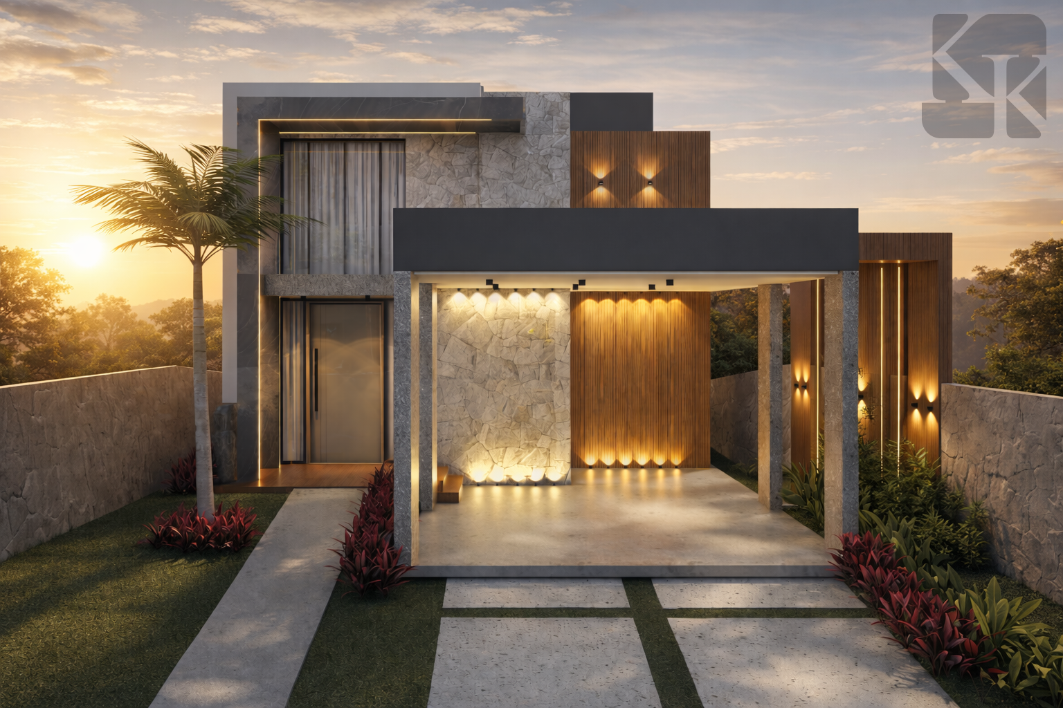 Fachada residencial moderna projetada pela Karla Kétbe Arquitetura, com iluminação noturna, revestimento em pedra e madeira