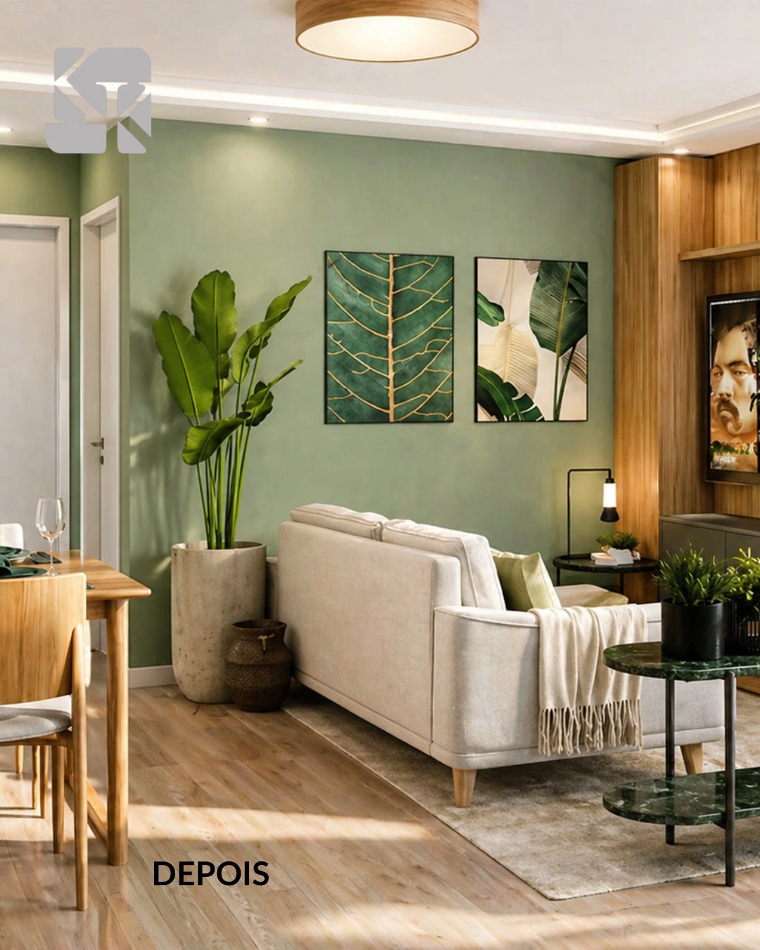 Sala de estar depois da reforma, com parede verde, sofá e decoração